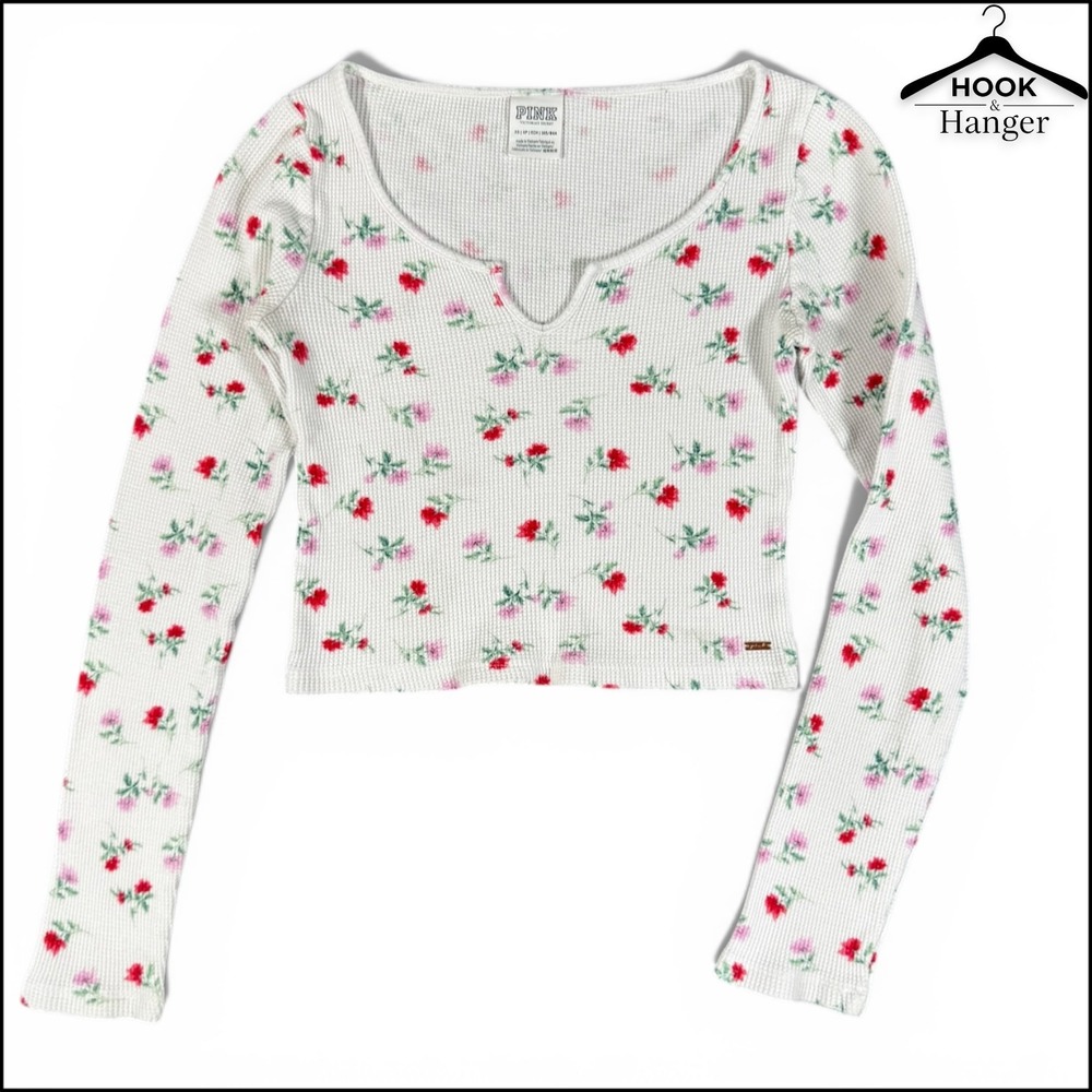 PINK Victoria's Secret Crop Top XS White Rose Dainty Floral Coquette Thermal Y2K